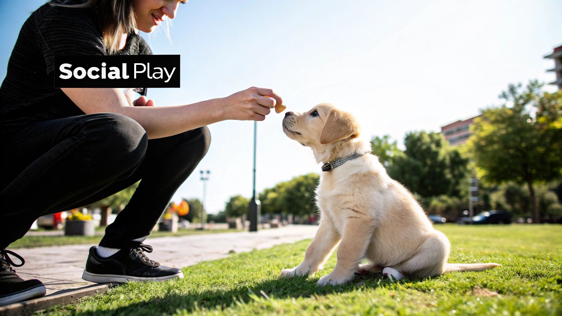 A small, adorable puppy sitting on a wooden floor, looking up attentively at its owner who is holding a treat.