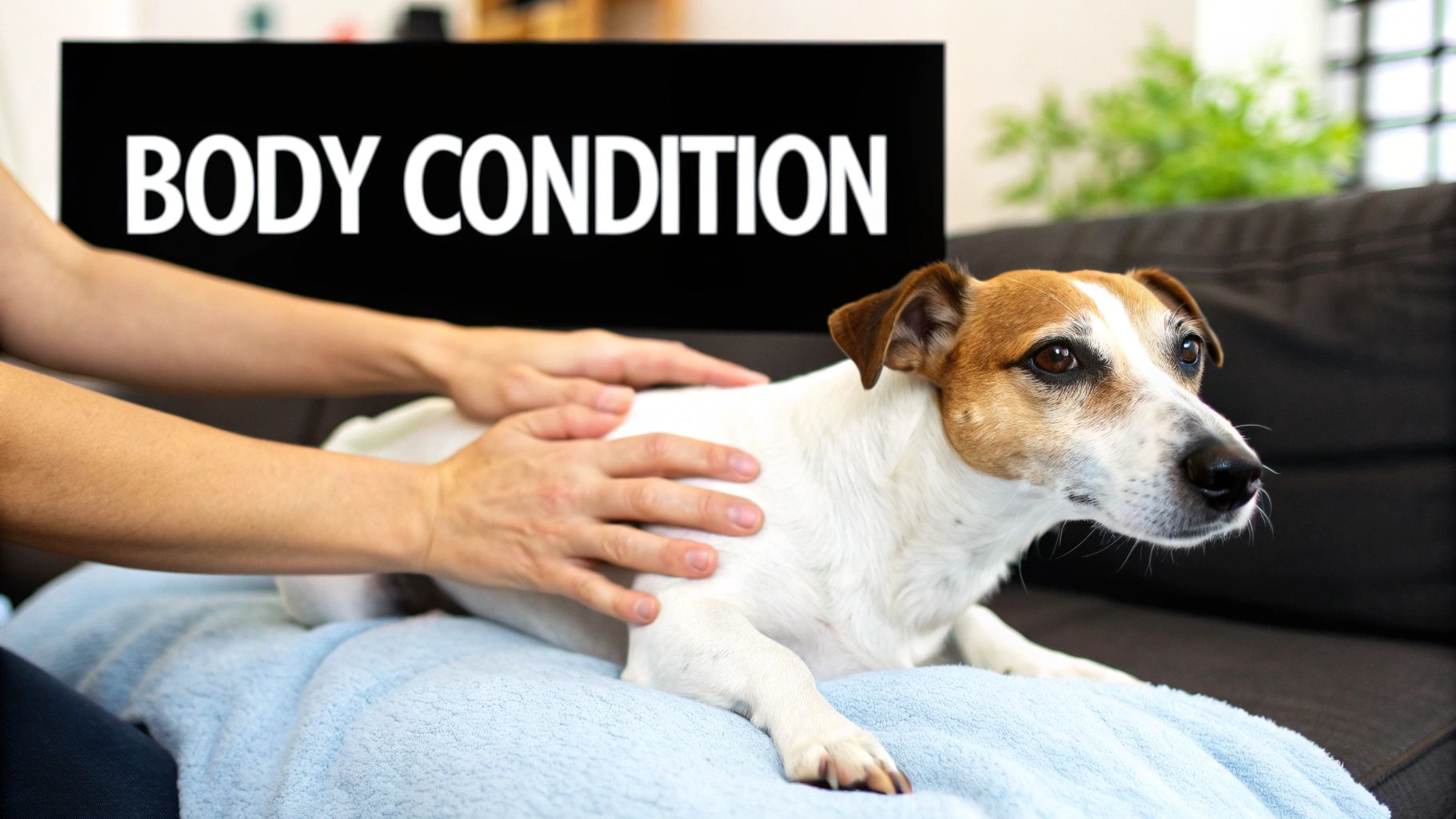 Hands gently touching a Jack Russell Terrier dog, with a "BODY CONDITION" sign in the background.