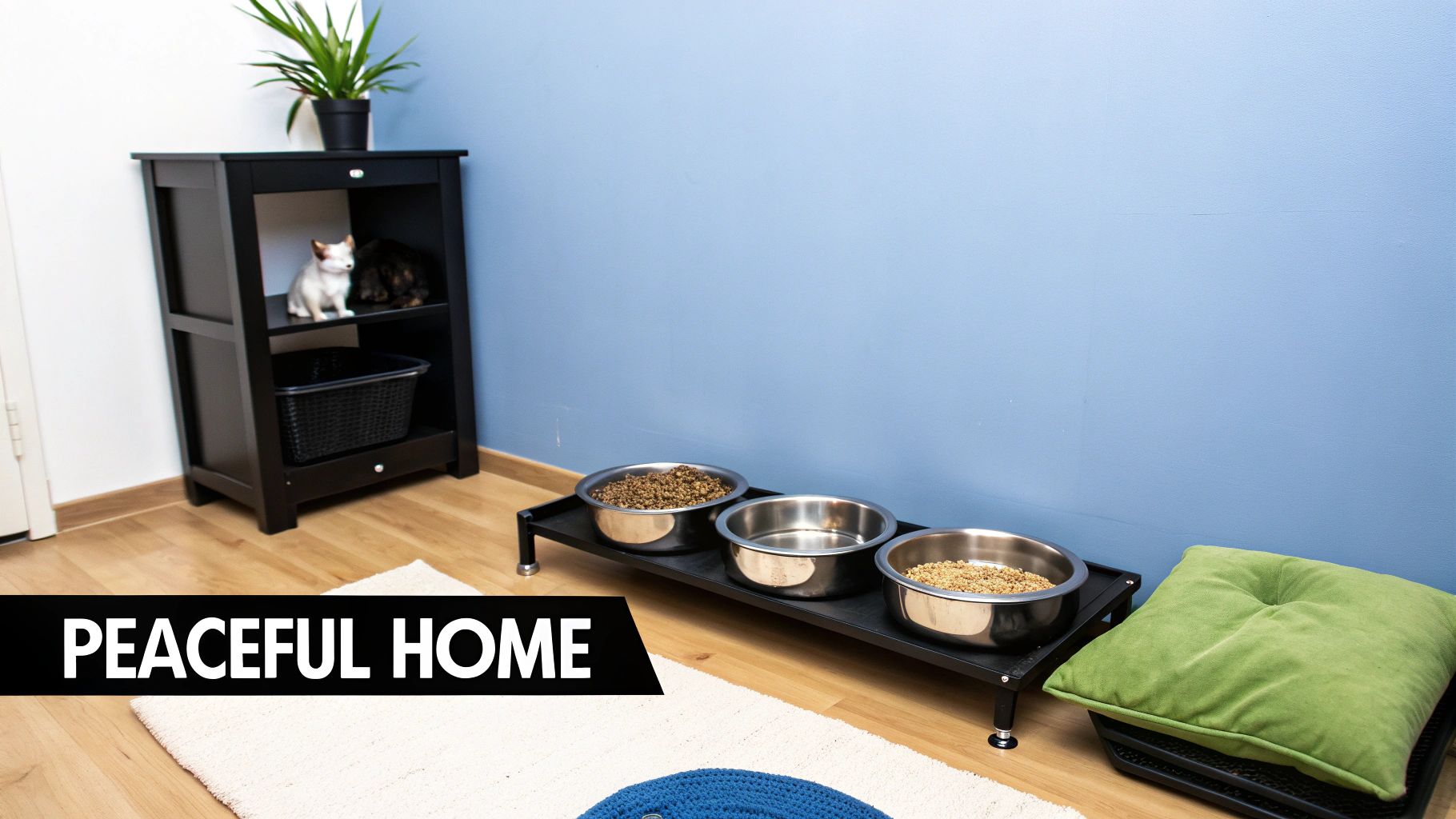 A calm dog and cat resting near each other on a plush rug in a modern living room.