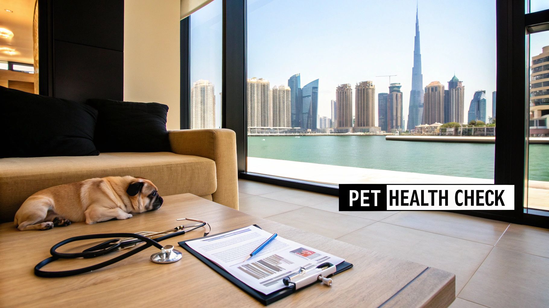 A pug dog rests on a table with a stethoscope and medical documents, overlooking a city skyline with the text "PET HEALTH CHECK".