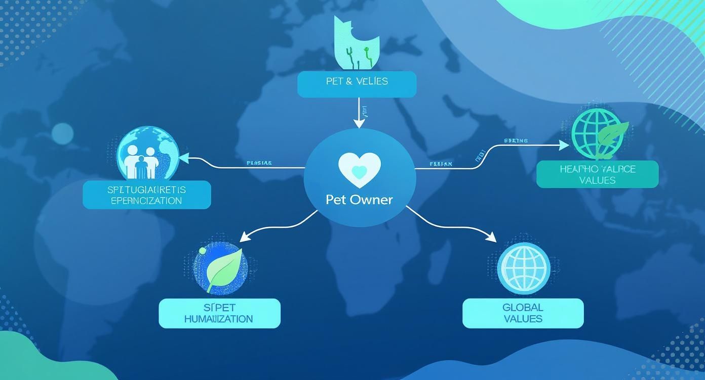 A conceptual diagram centered on a pet owner, connecting to pet values, humanization, global, and health values.