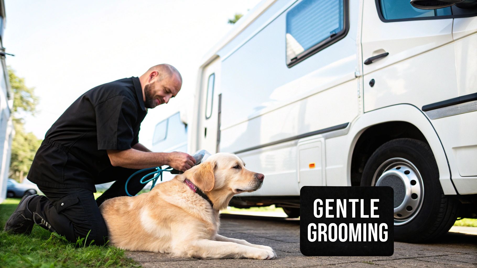 A professional groomer gently washing a calm dog in a mobile grooming van.