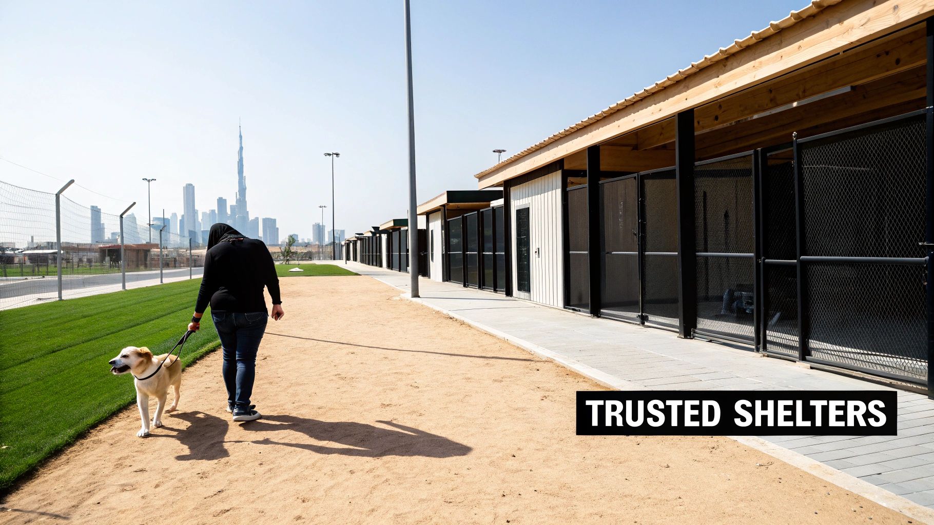 A person kneeling down to pet a happy dog in an animal shelter setting.