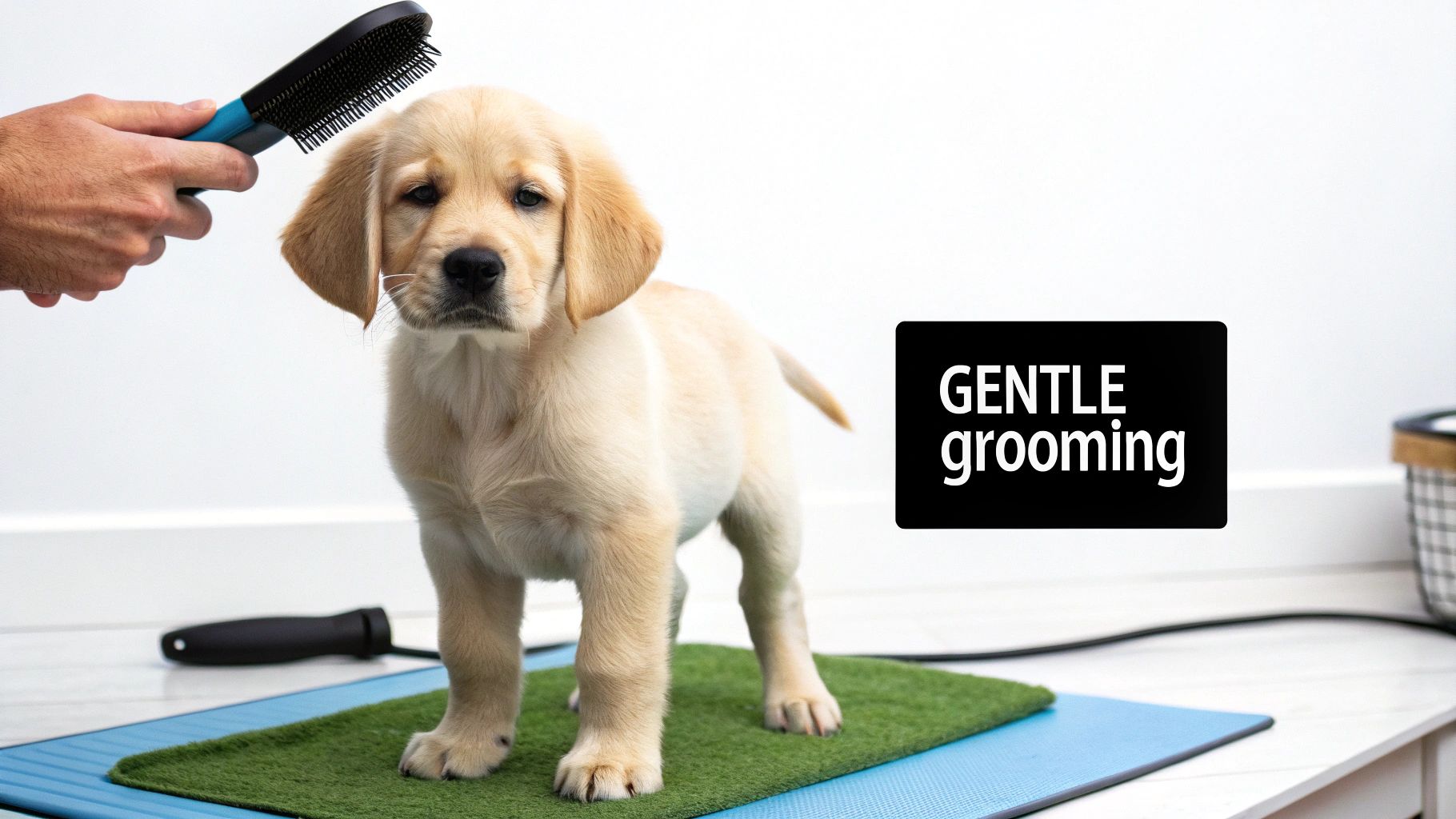A professional groomer gently brushing a small, calm puppy on a grooming table.