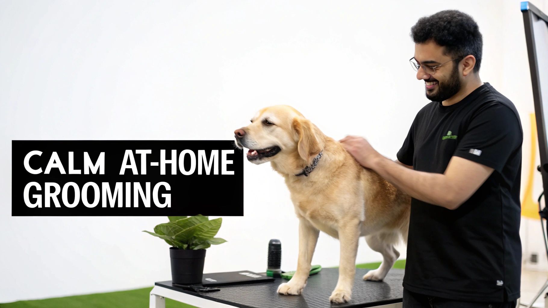 Professional groomer petting calm golden Labrador dog on grooming table in peaceful home setting