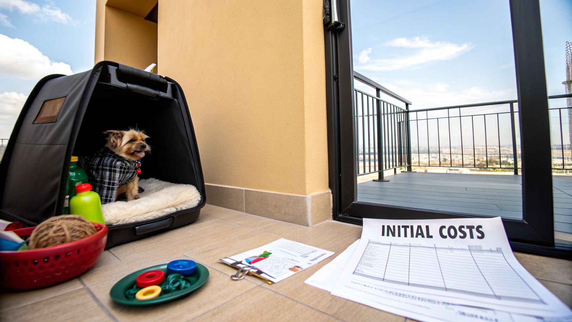 Small dog in carrier with toys and initial costs paperwork on balcony floor