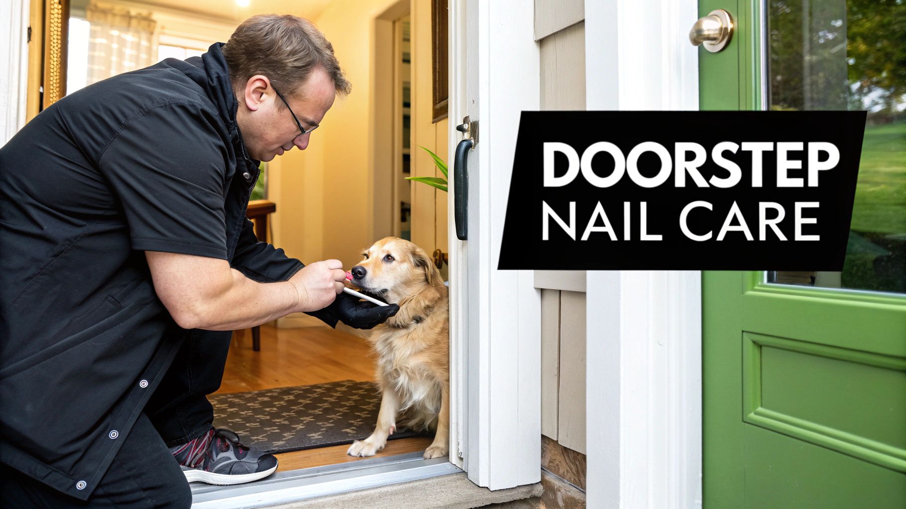 A professional groomer gently holding a dog's paw to trim its nails.