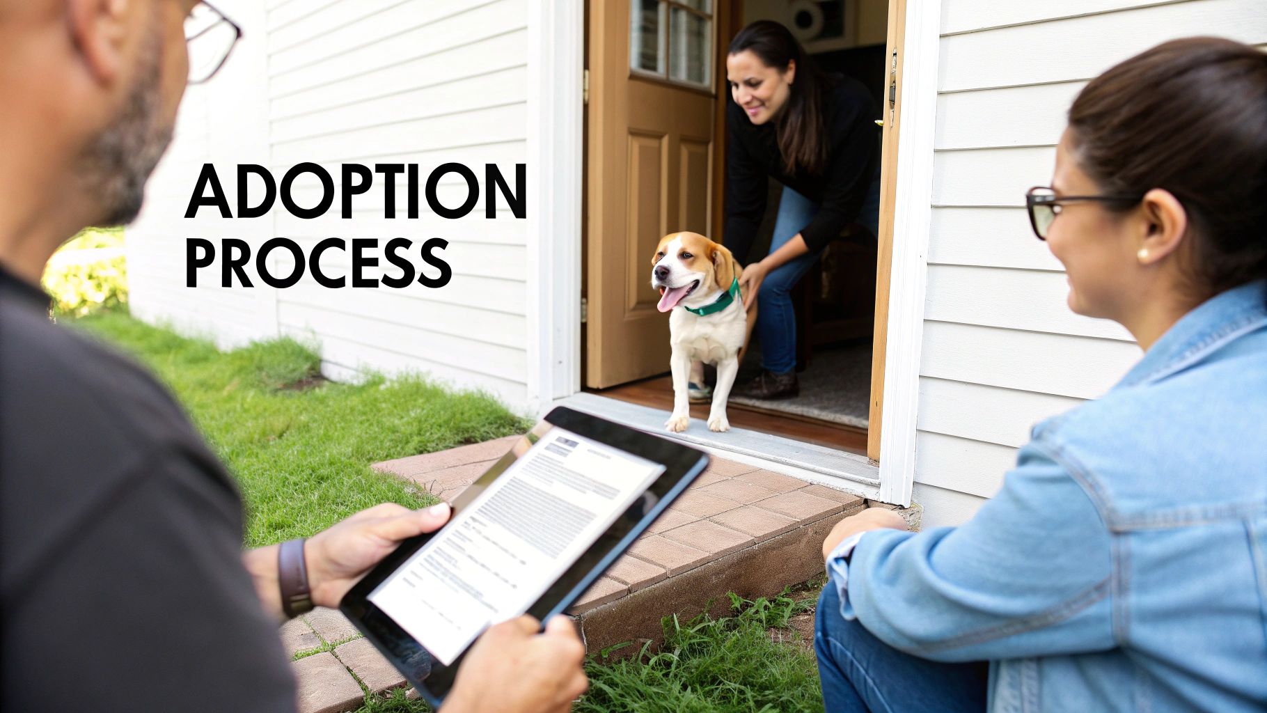 A person filling out a pet adoption application form on a clipboard.