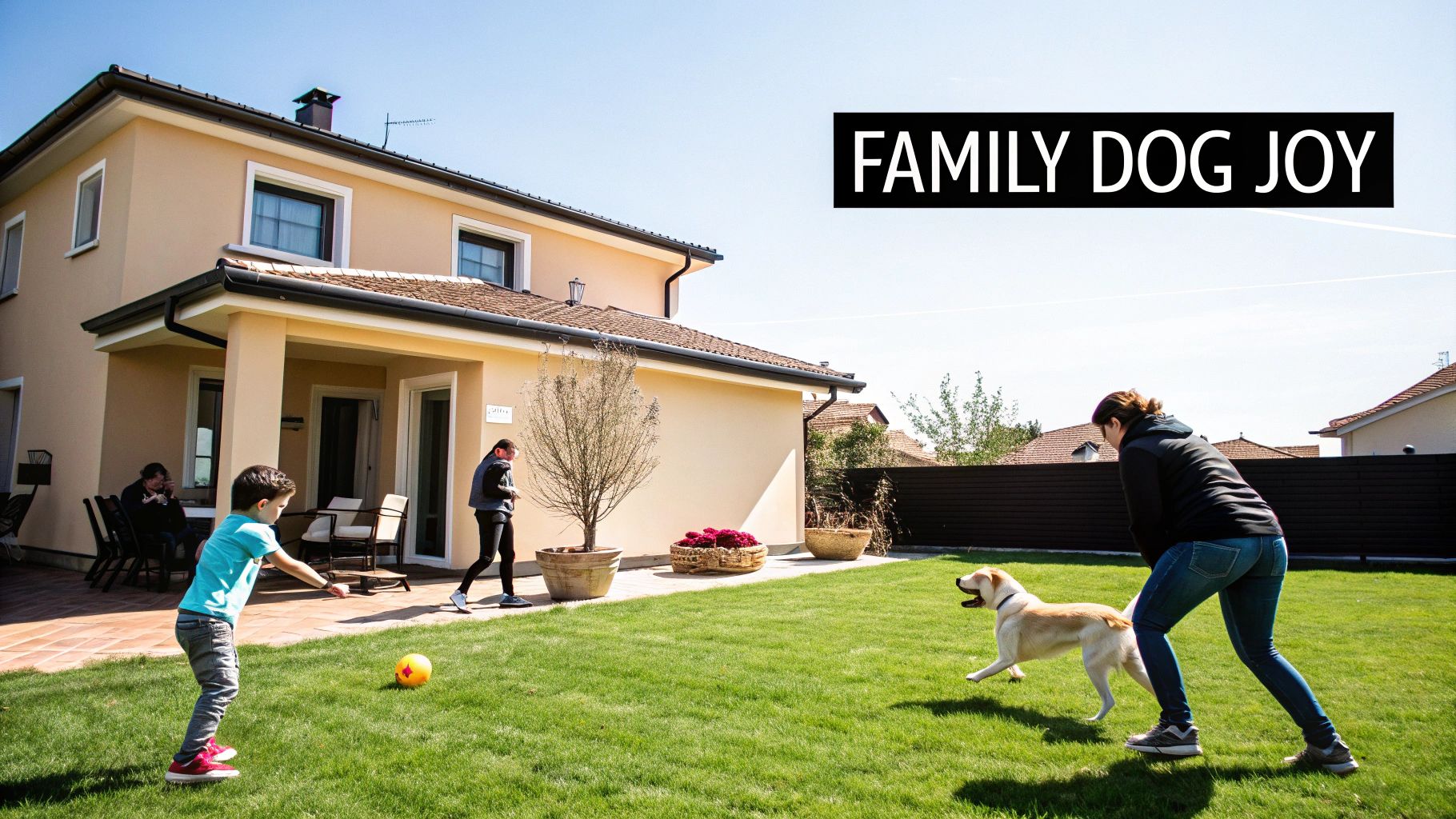 A family enjoys a sunny day in their backyard, with a child and adult playing with a happy Labrador dog.