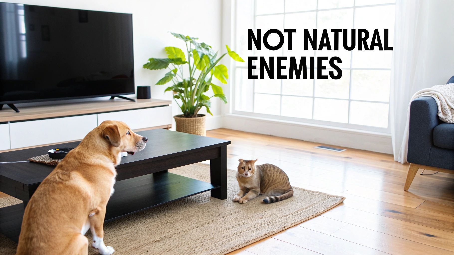 A fluffy dog and a tabby cat sitting peacefully together on a wooden floor.