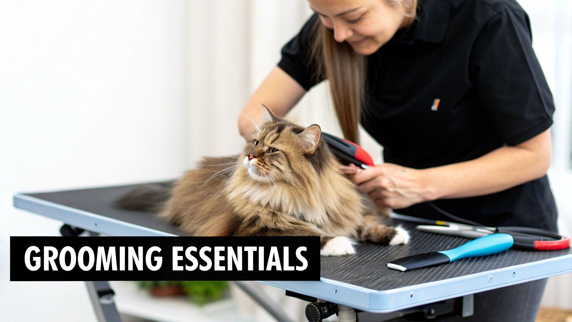 A professional groomer uses clippers on a long-haired cat on a grooming table, showcasing grooming essentials.