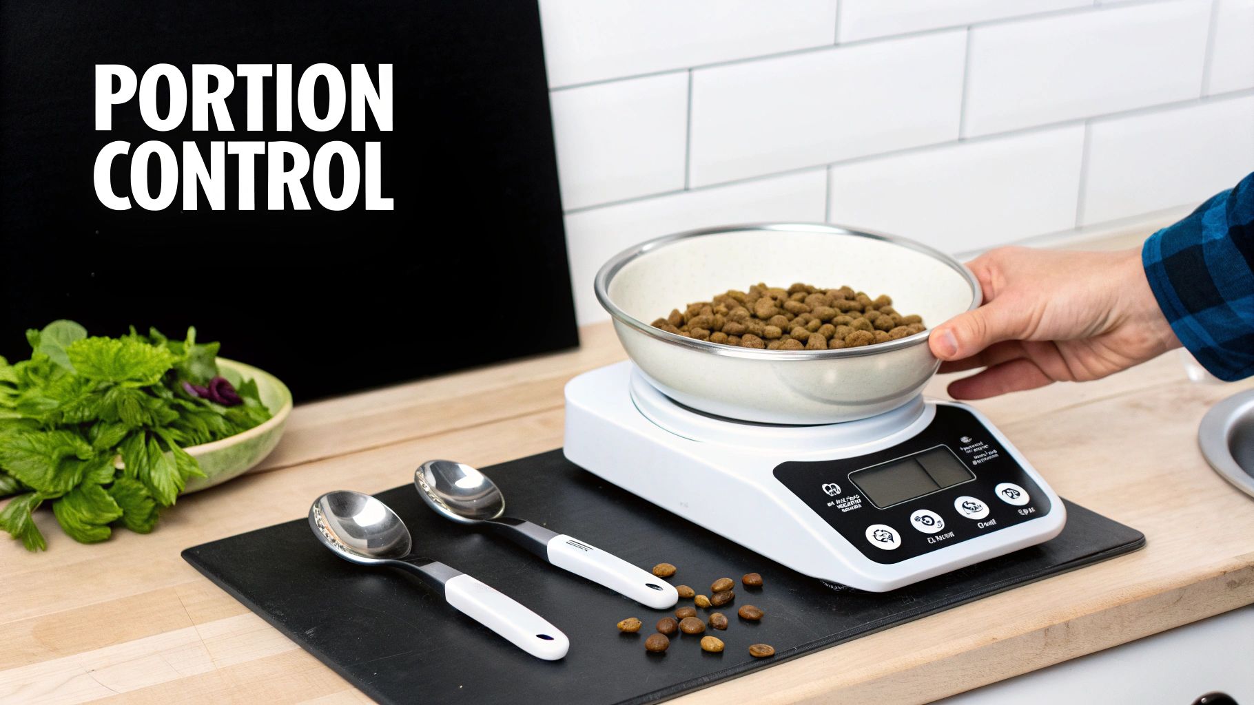 Person weighing pet food on a digital scale with 'PORTION CONTROL' sign for healthy eating.
