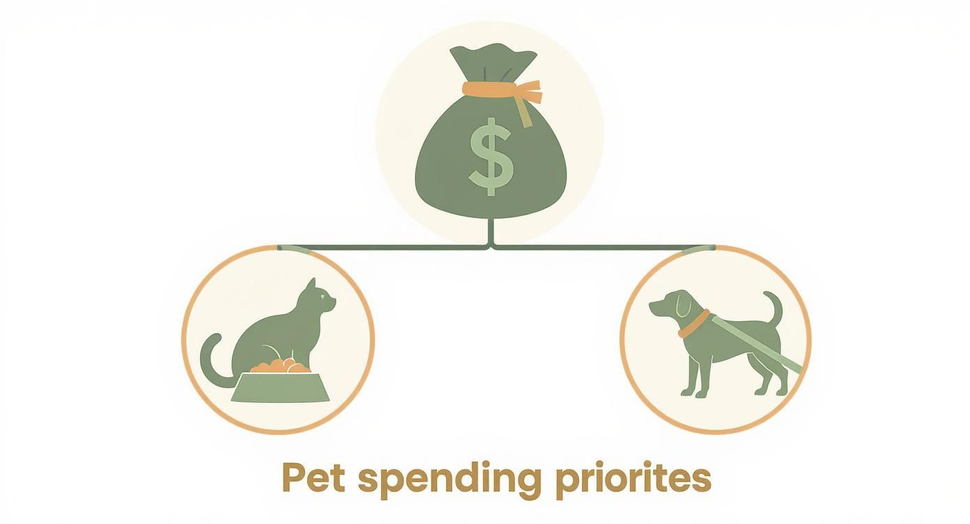 An illustration of pet spending priorities, showing a money bag split between cat and dog expenses.