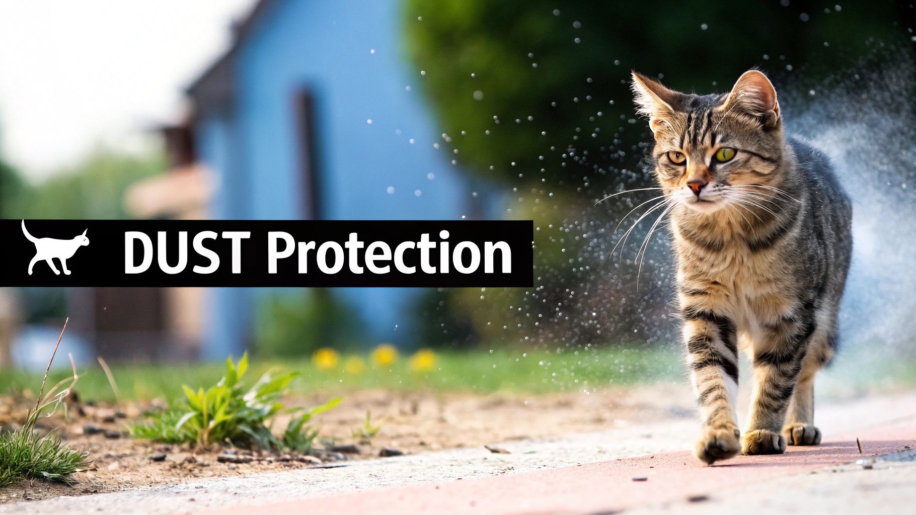 A dog wearing protective goggles in a dusty, desert-like environment