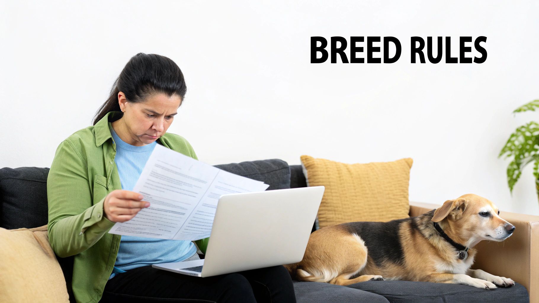 A person's hand gently petting a large, calm dog lying on the grass.