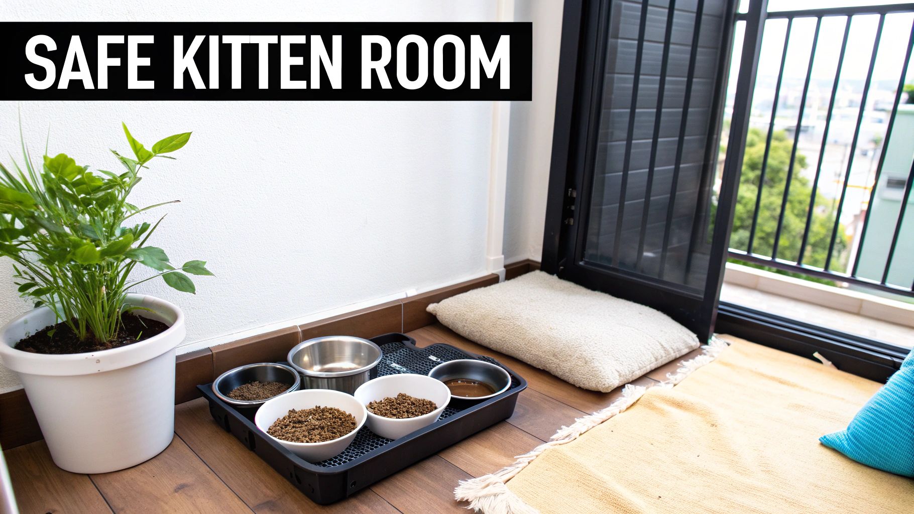 A small kitten curiously peeking out from behind a piece of furniture in a modern living room.