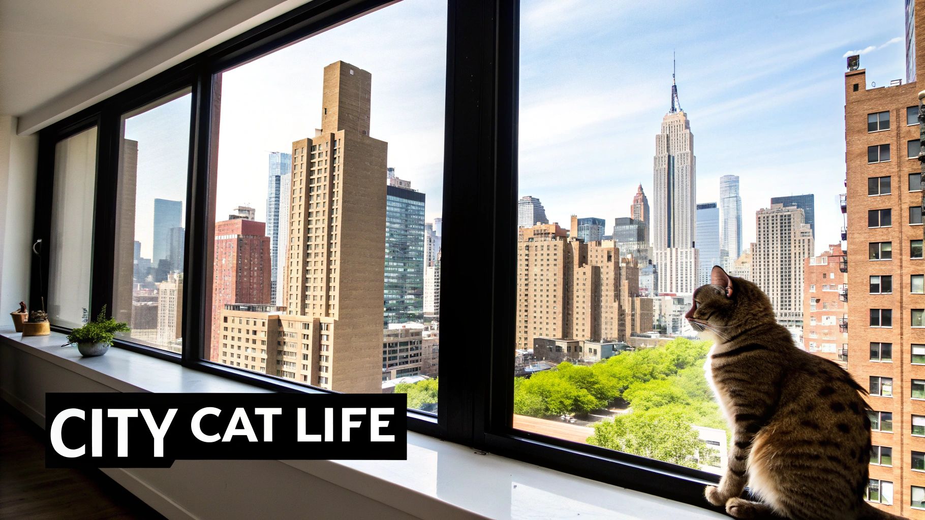 A tabby cat sits on a windowsill, gazing at the New York City skyline with the Empire State Building.