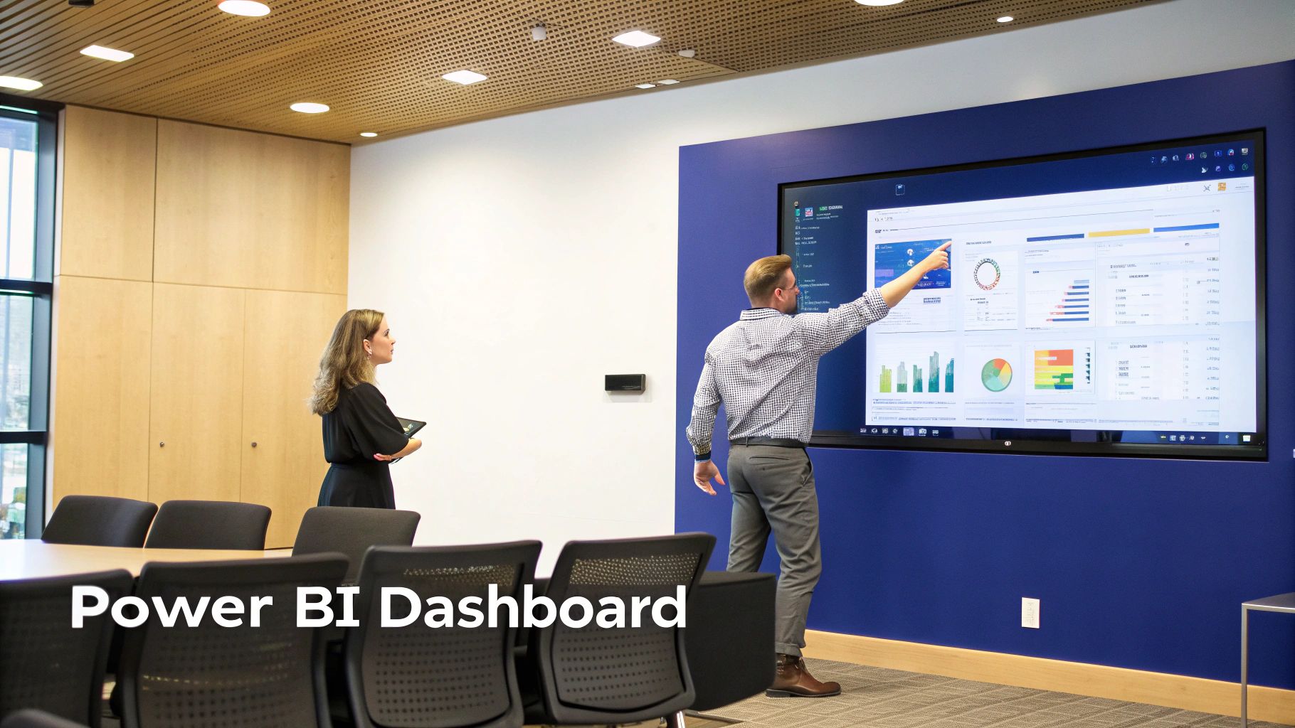 Two professionals analyze a Power BI dashboard on a large screen in a contemporary meeting room.
