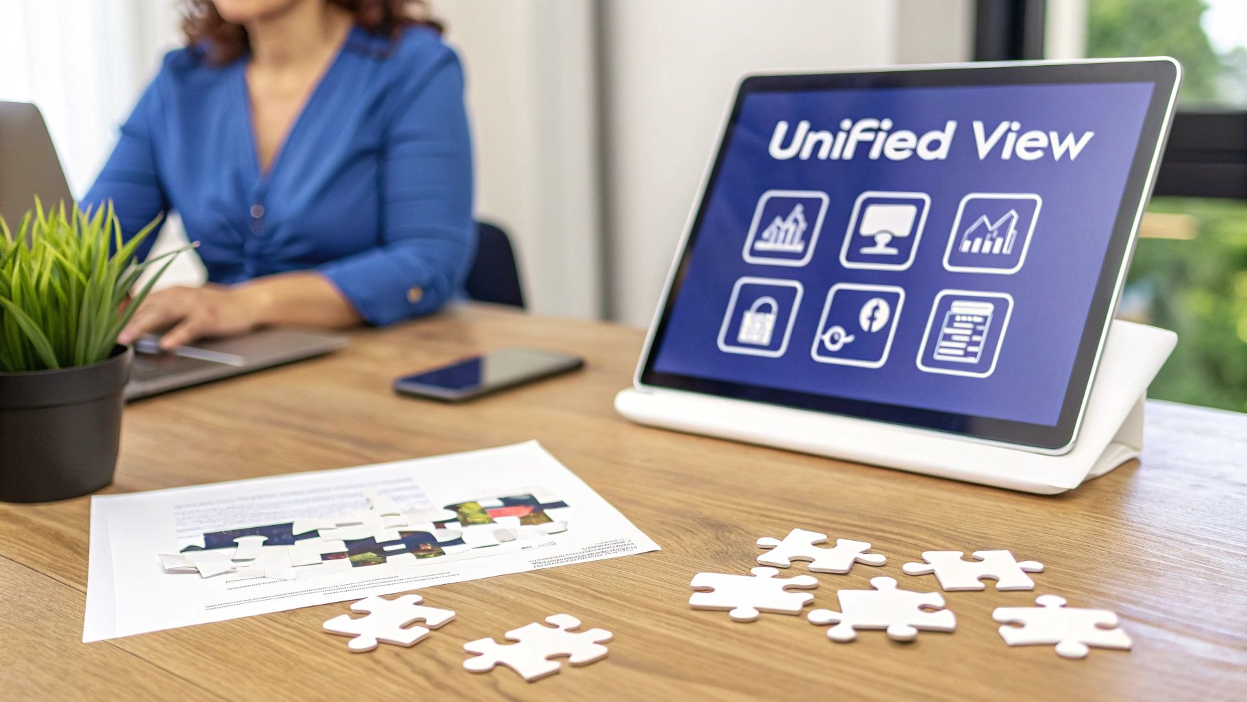 Person working on a laptop, a tablet shows 'Unified View' of data icons, and puzzle pieces on a desk.