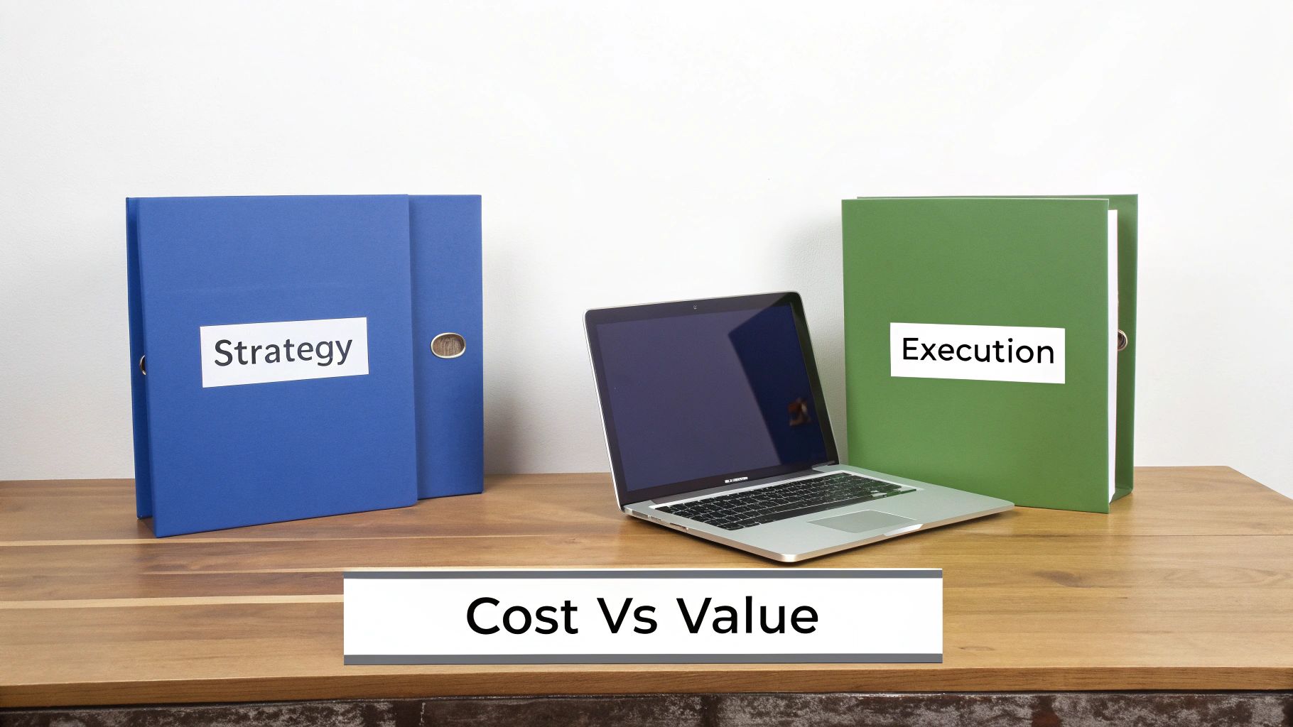 Blue 'Strategy' binder, green 'Execution' binder, and a laptop on a desk, illustrating 'Cost Vs Value'.