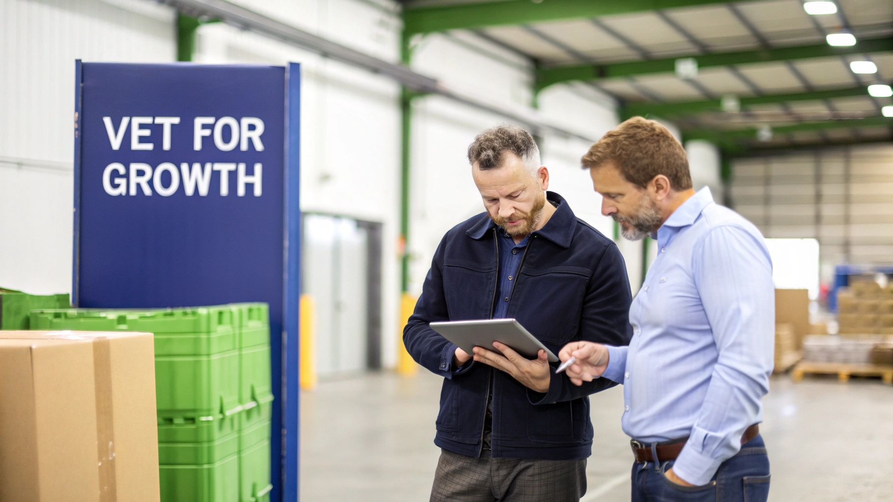 Two business professionals reviewing tablet device in warehouse with VET for Growth signage