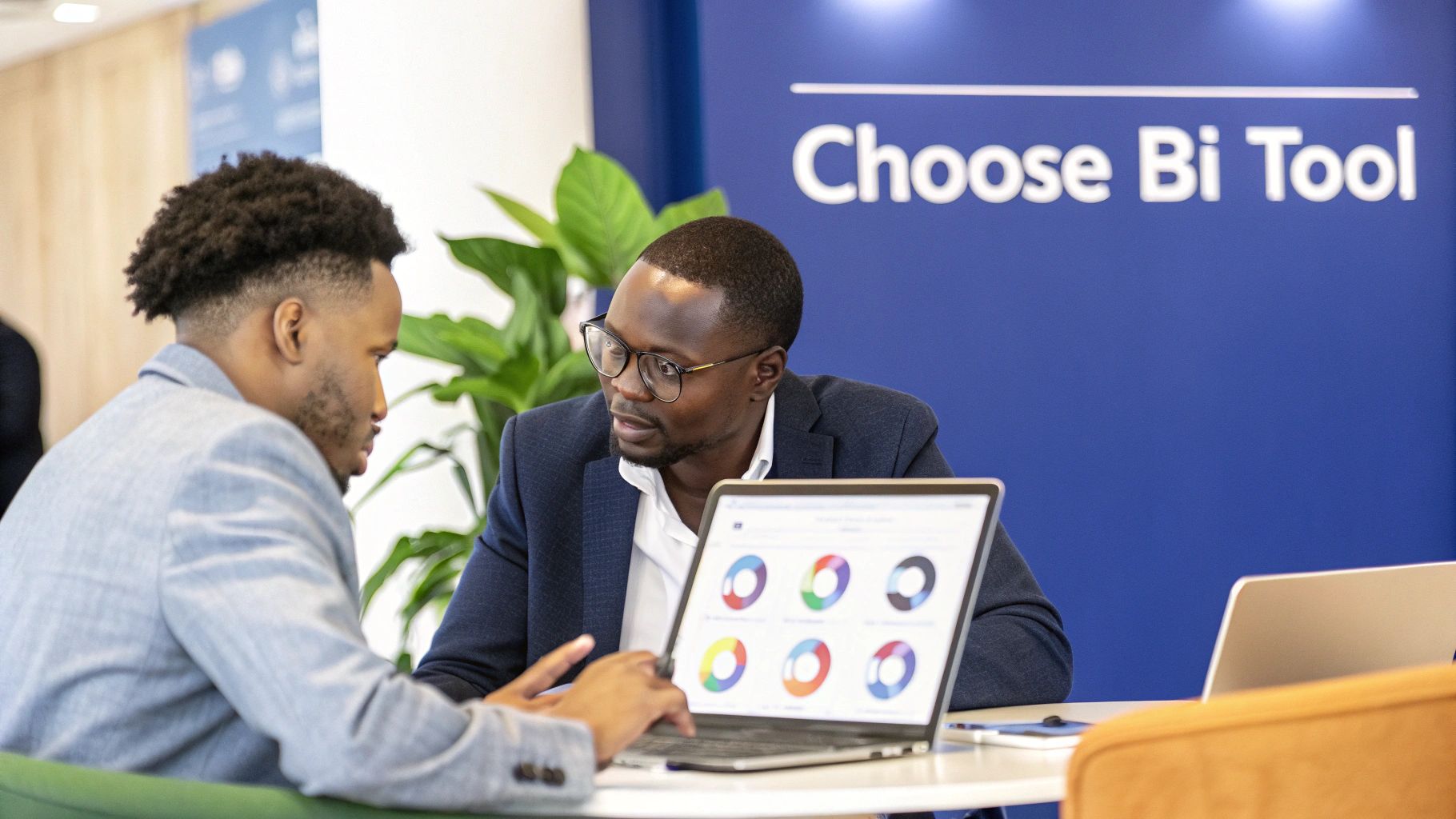 Two men in an office discuss business intelligence data on a laptop, with a 'Choose Bi Tool' sign.