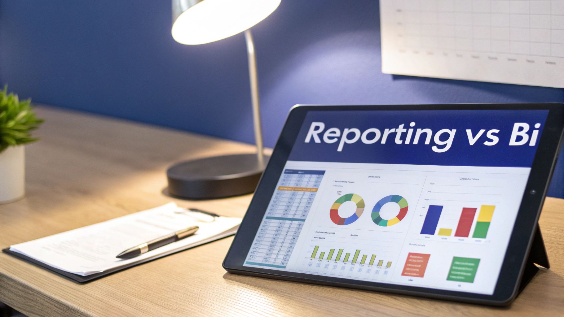 A split image showing a static paper report on one side and a dynamic, interactive digital dashboard on the other, representing the difference between reporting and BI.
