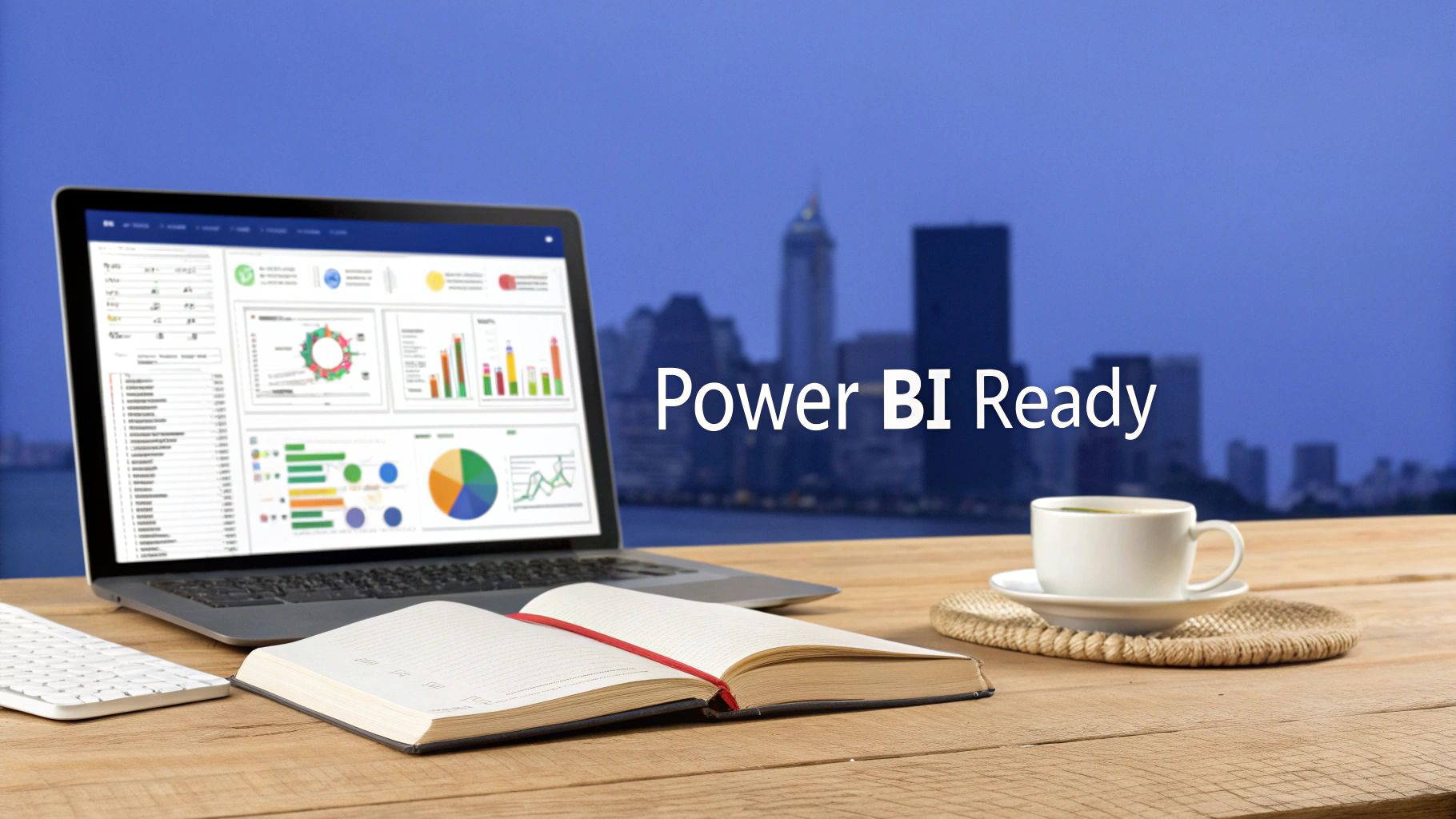 A professional South African team collaborating around a computer screen showing dynamic Power BI dashboards.