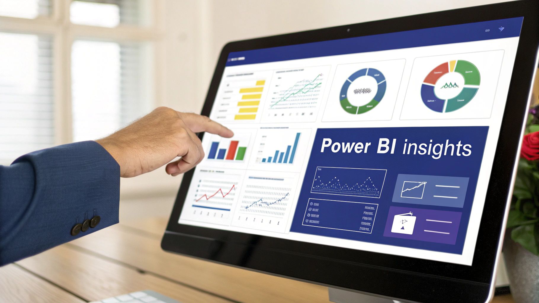 A hand touches a computer screen displaying Power BI insights with various data charts and graphs.
