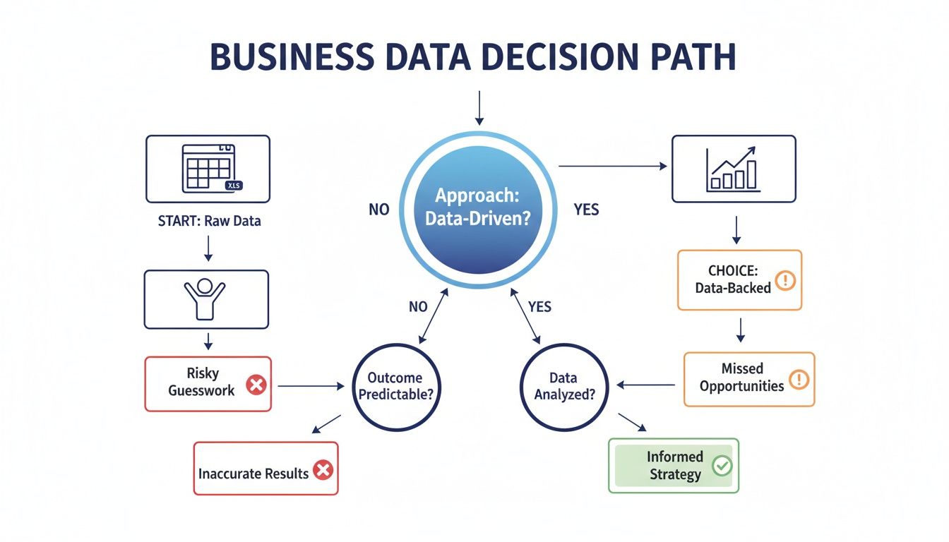 A flowchart detailing the business data decision path, showing different outcomes based on data-driven approaches.