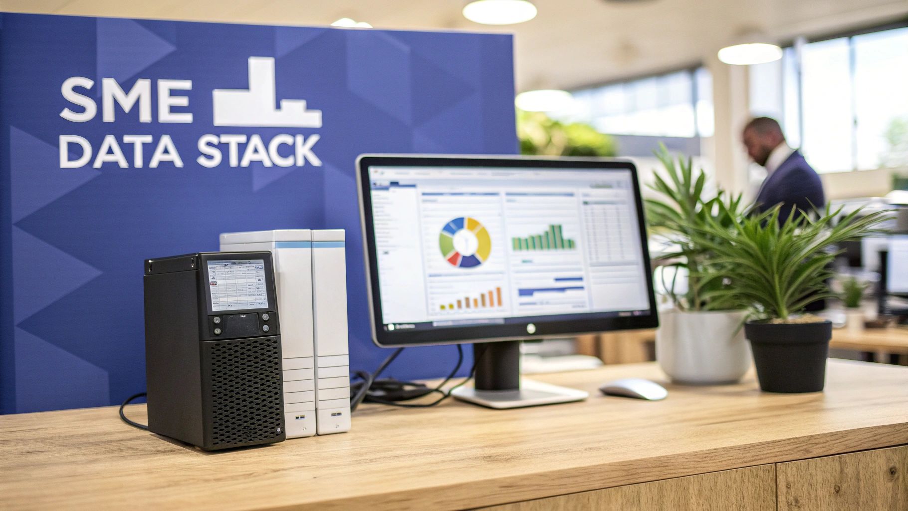 Business intelligence dashboard displaying charts and analytics on monitor with SME data stack banner