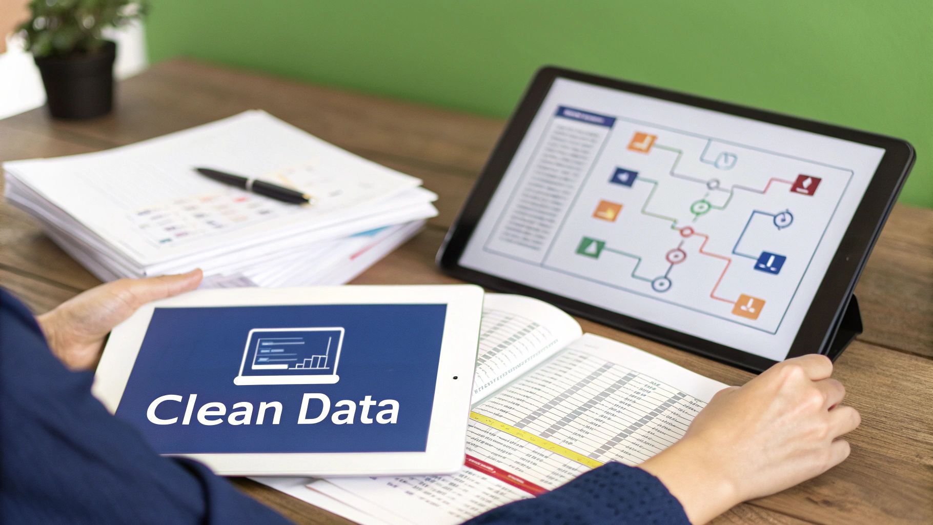 Person holds a tablet with 'Clean Data' text, another tablet displays a data process flowchart on a wooden desk.
