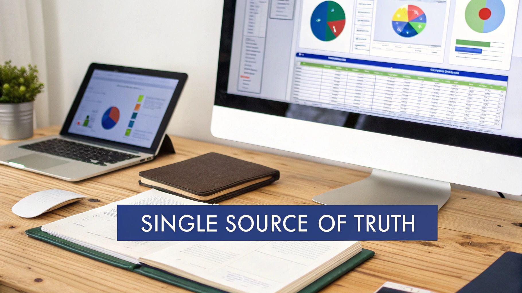 A desk with a laptop and monitor displaying data dashboards, charts, and tables, with a 'Single Source of Truth' banner.