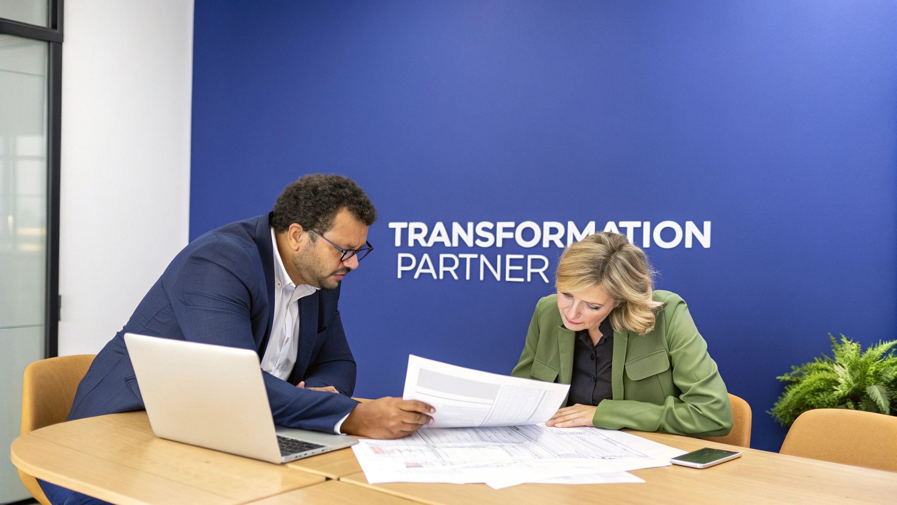 A group of professionals collaborating around a table with laptops and charts, illustrating strategic planning.