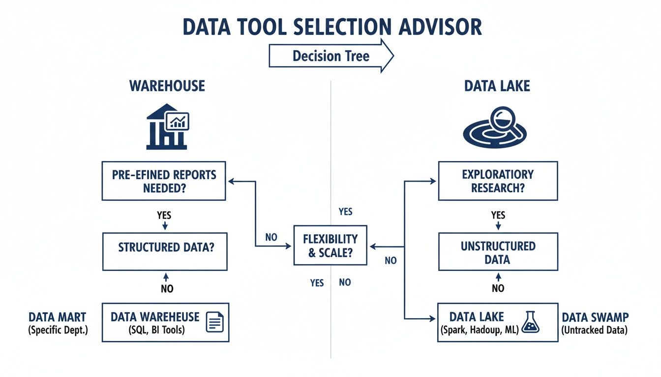 Flowchart advising data tool selection, distinguishing between data warehouses and data lakes for different data types.