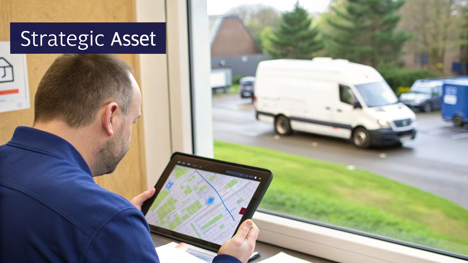 Professional tracking delivery van location on digital tablet showing GPS map and route planning