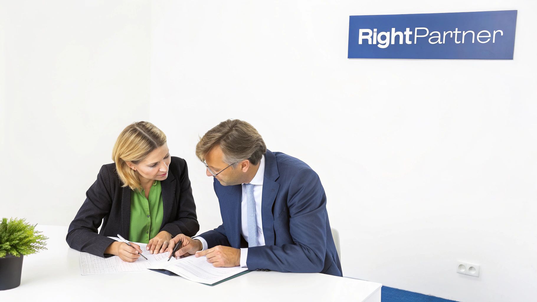Two business professionals, a man and a woman, review documents at an office table.