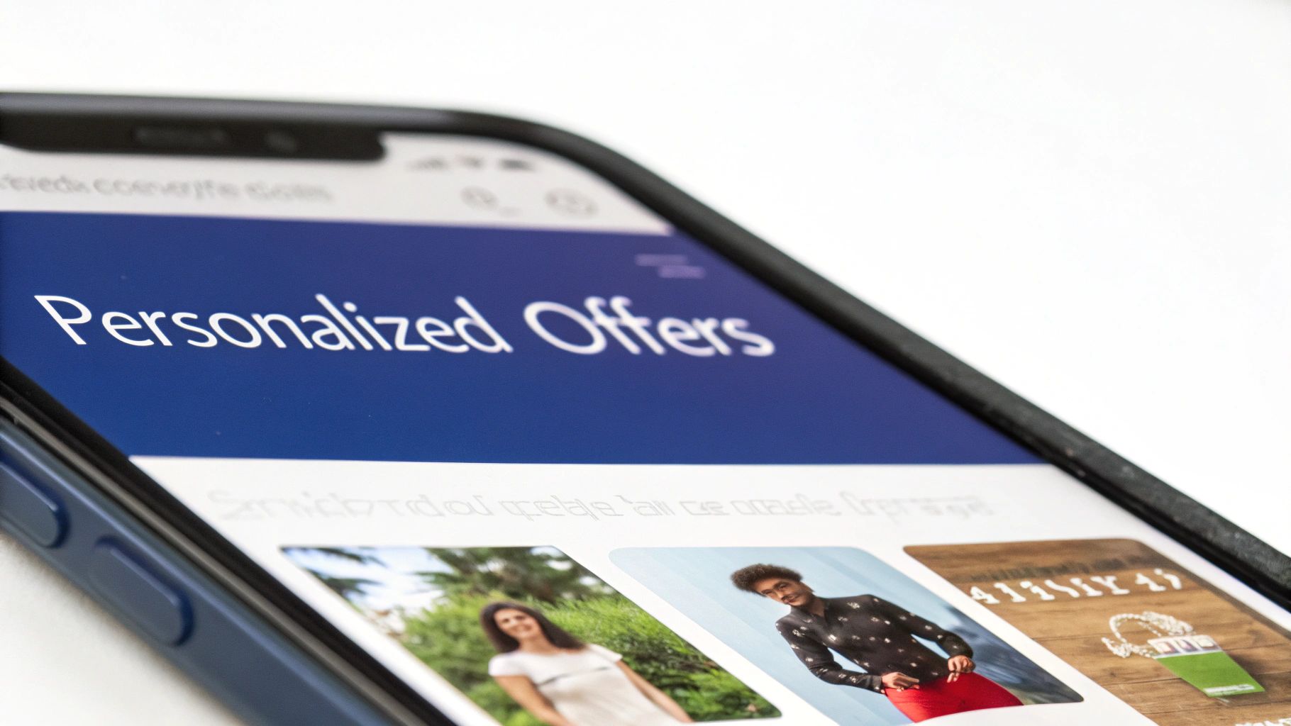 Close-up of a smartphone screen displaying 'Personalized Offers' and product images in an app.