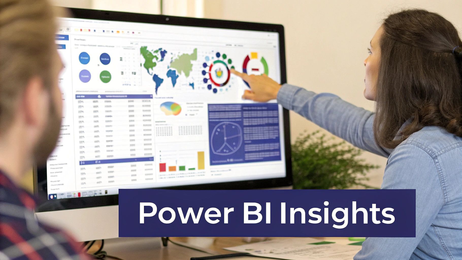 Woman presenting Power BI Insights dashboard with data visualizations and analytics to colleague in office