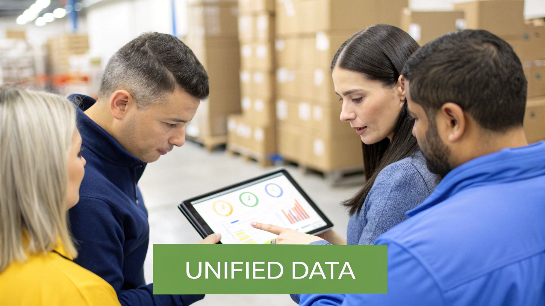Four diverse professionals collaborating in a warehouse, analyzing data charts on a tablet for unified insights.