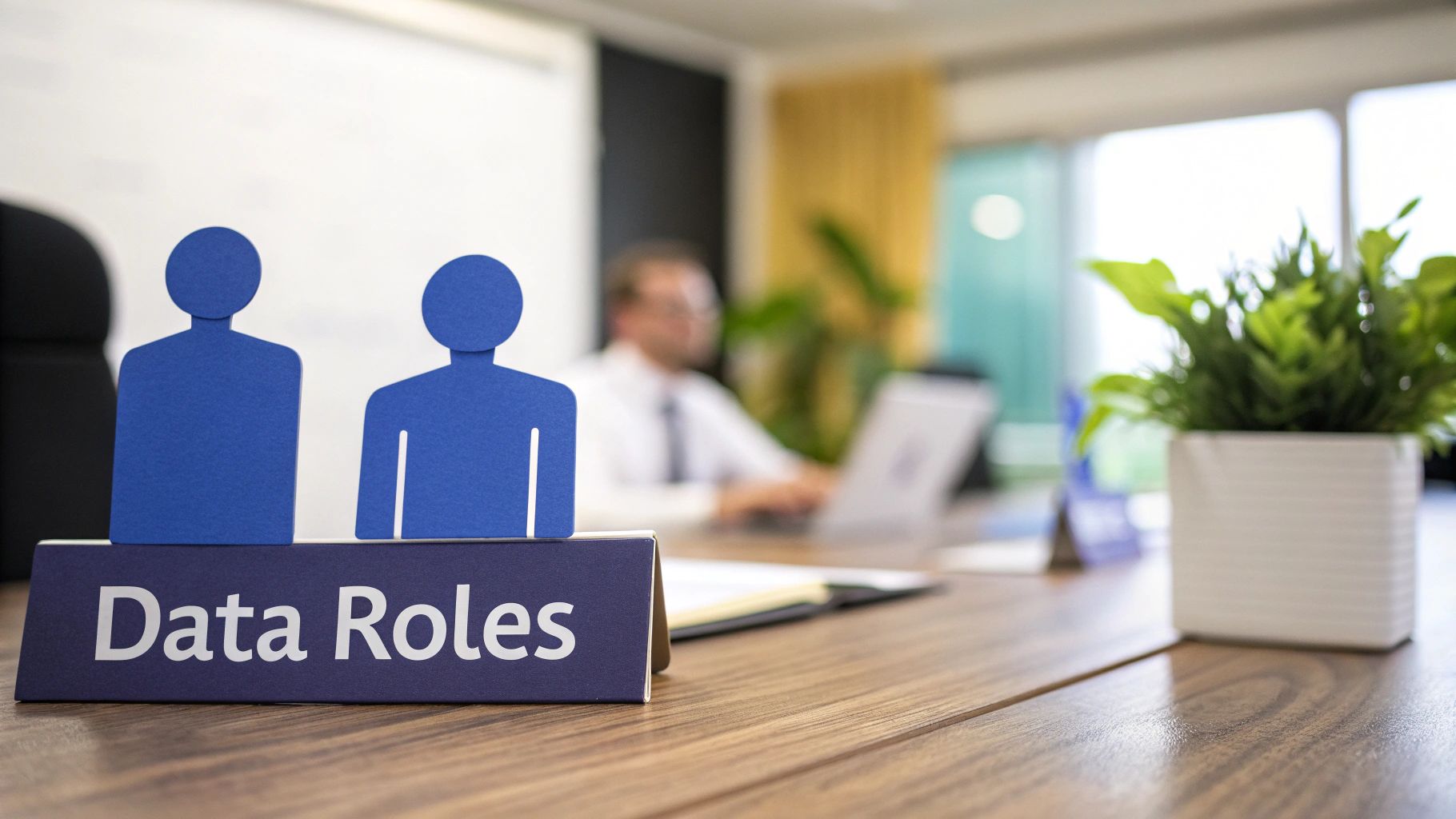 A blue sign reading 'Data Roles' with two human figures on a wooden desk in an office.