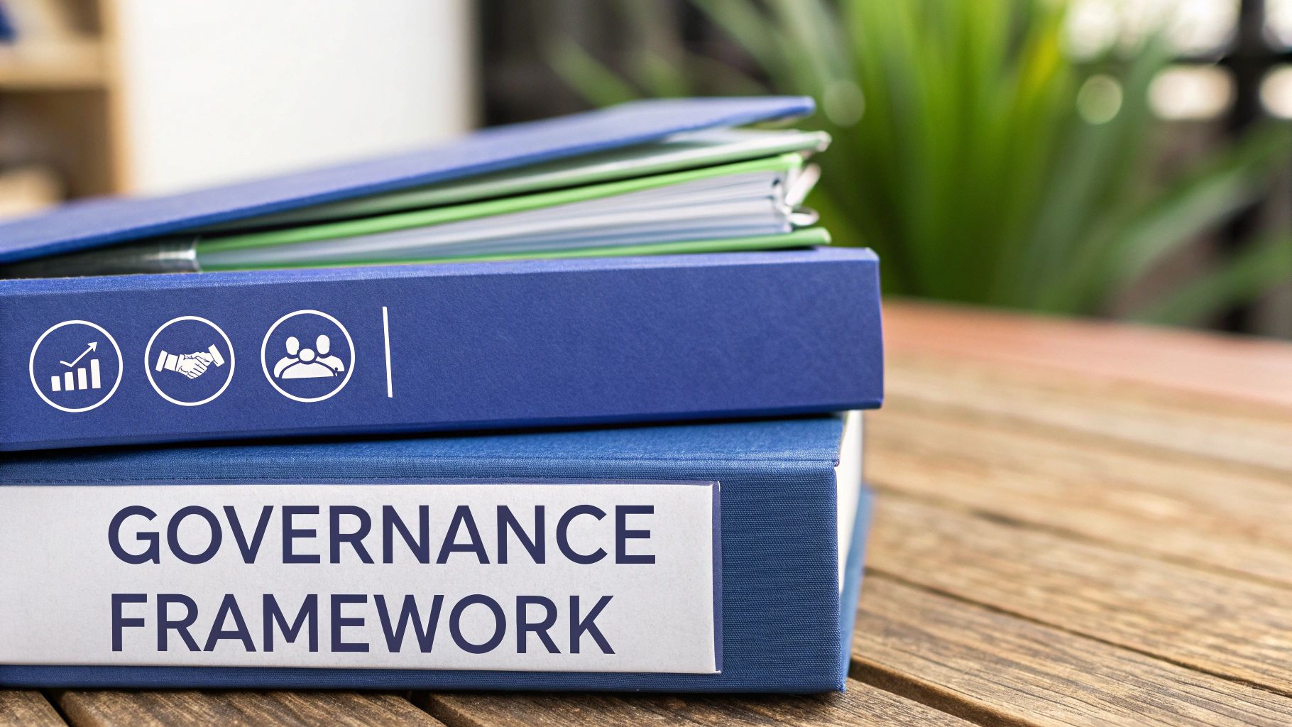 Blue binders on a wooden table, one labeled 'GOVERNANCE FRAMEWORK' with icons for growth, partnership, and people.