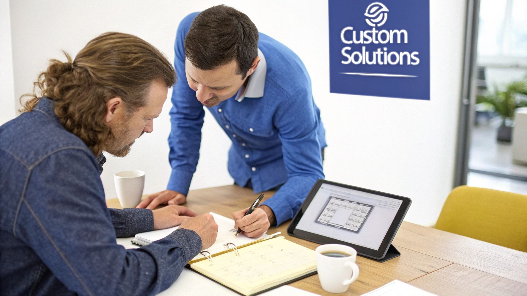 Two professionals collaborating on custom software solutions project with tablet and documents