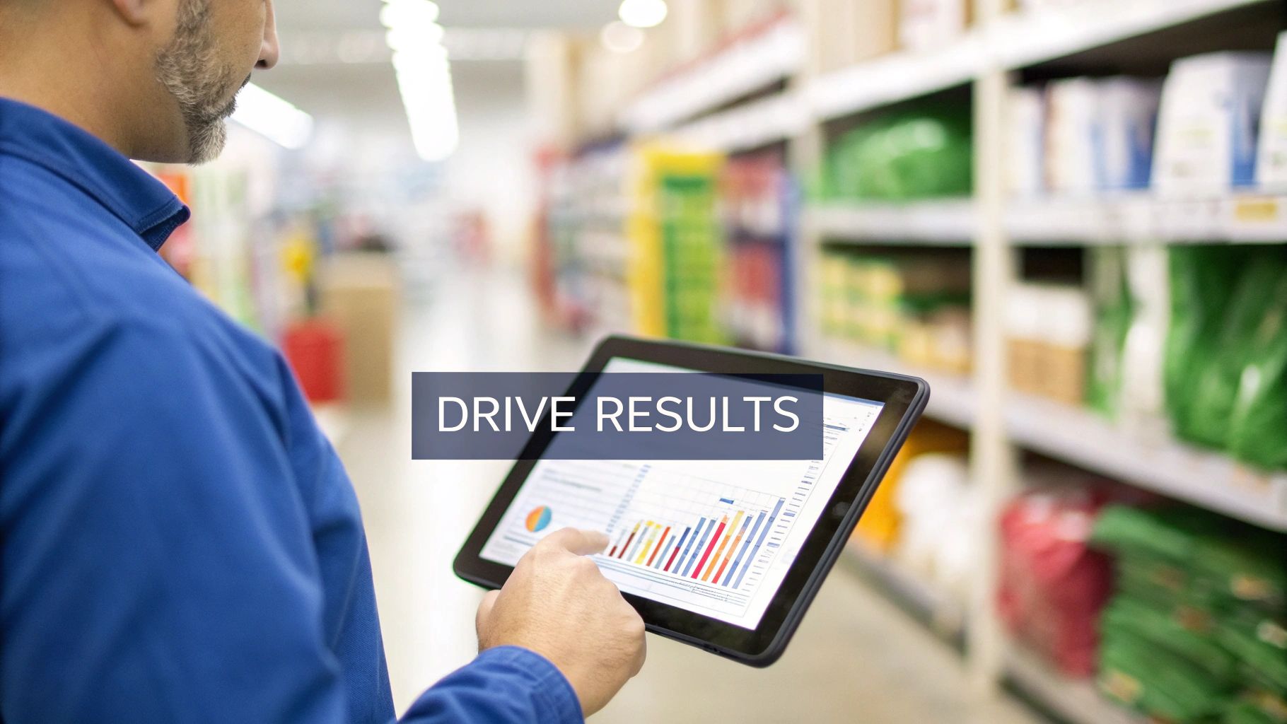 Business professional reviewing colorful data analytics charts and graphs on tablet in retail store