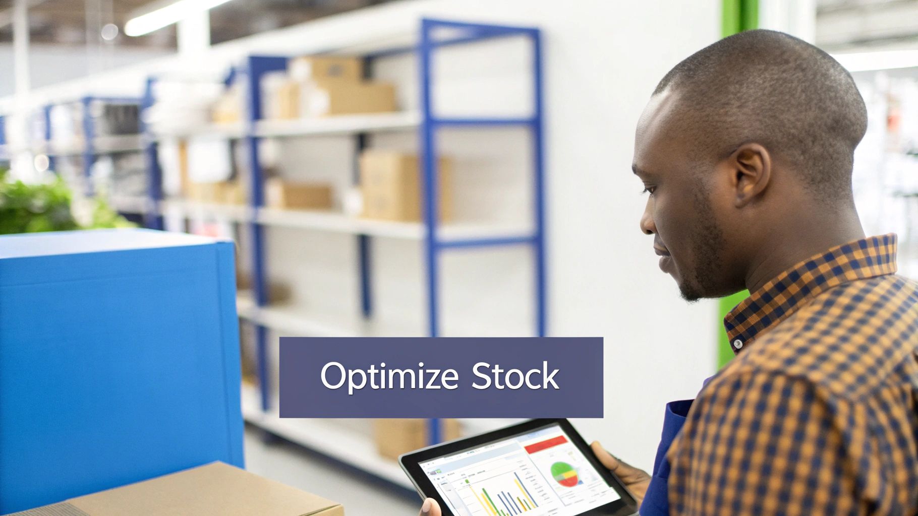 A man uses a tablet displaying performance data to optimize stock in a warehouse.