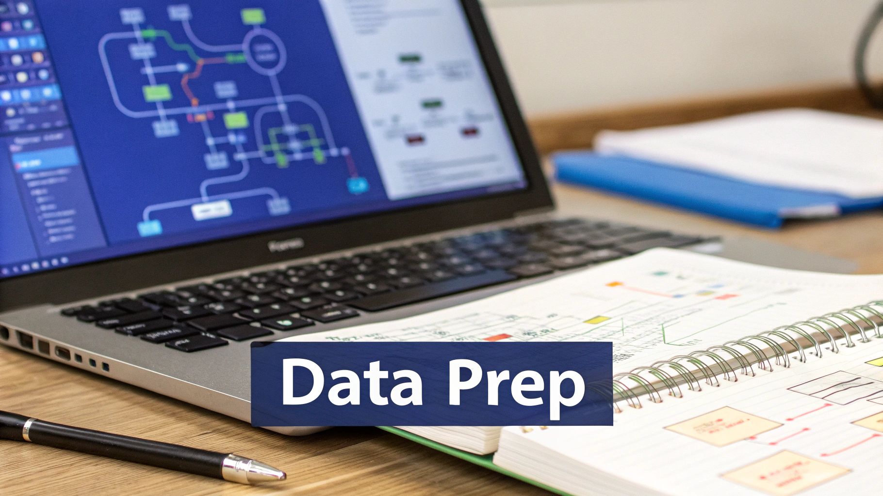 Laptop screen showing a data processing flow next to a notebook with hand-drawn diagrams, with 'Data Prep' overlay.