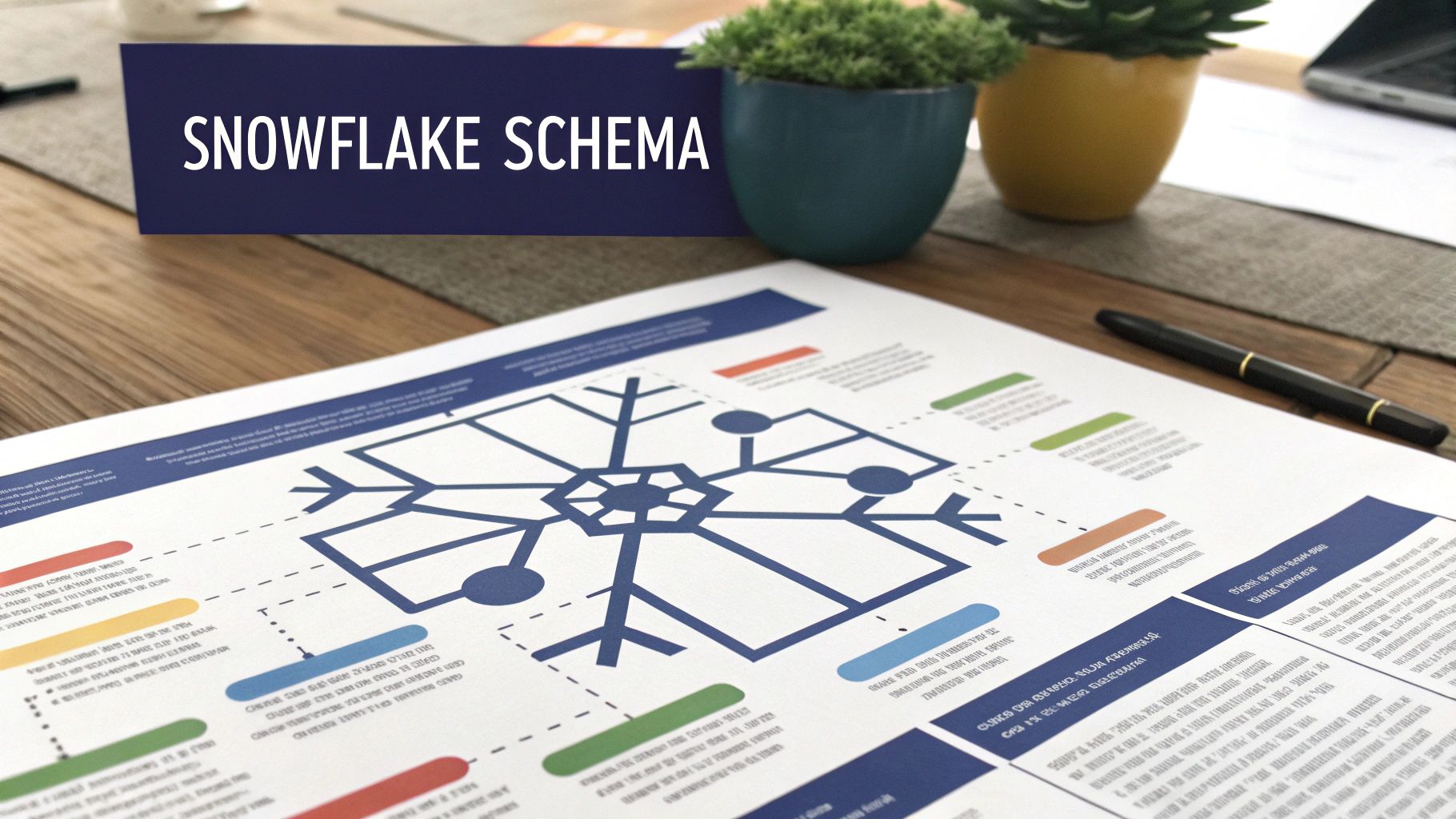 Snowflake schema diagram infographic showing database structure with colorful annotations and branching design