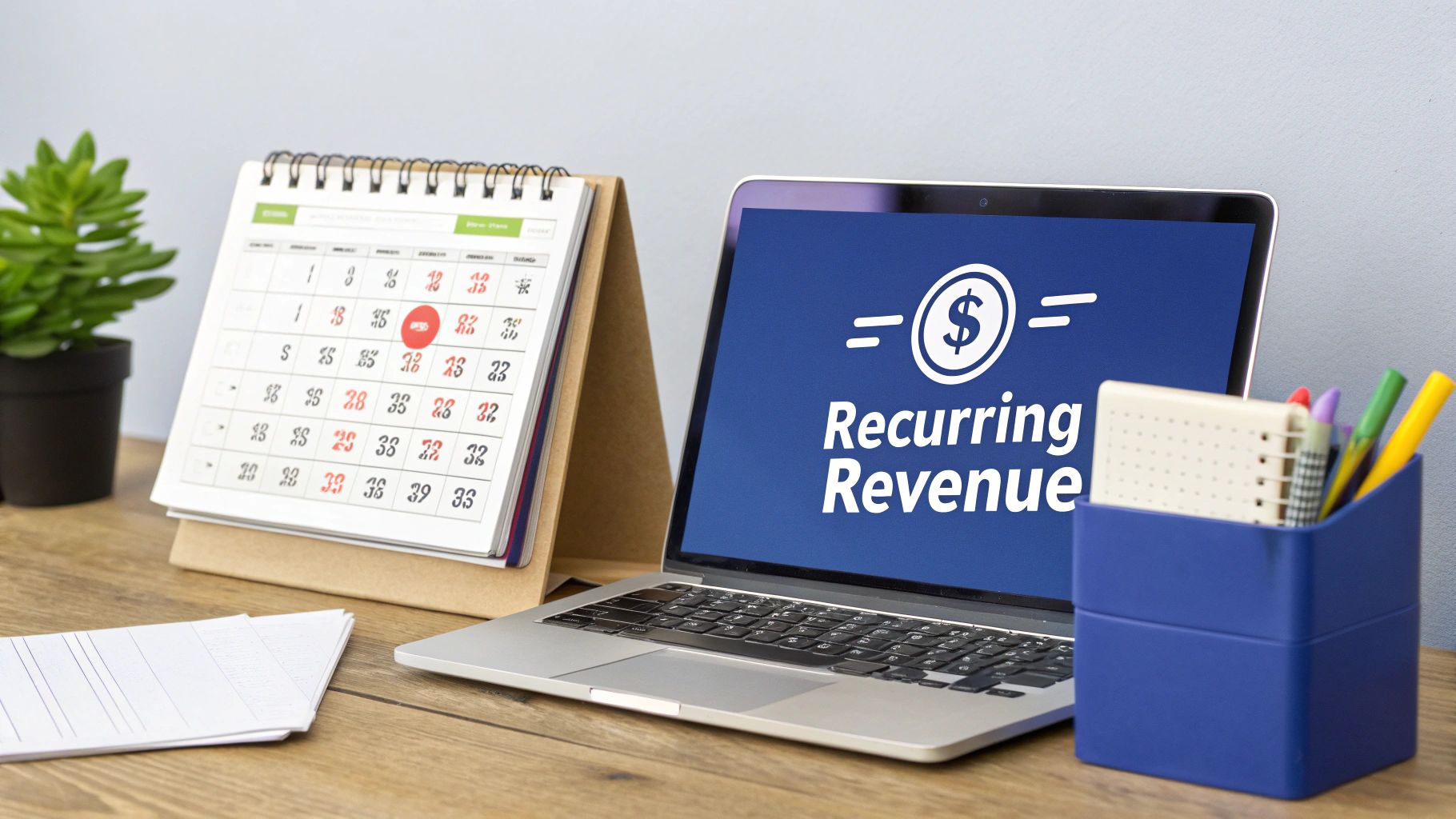 A workspace with a laptop showing 'Recurring Revenue', a calendar, and office essentials.