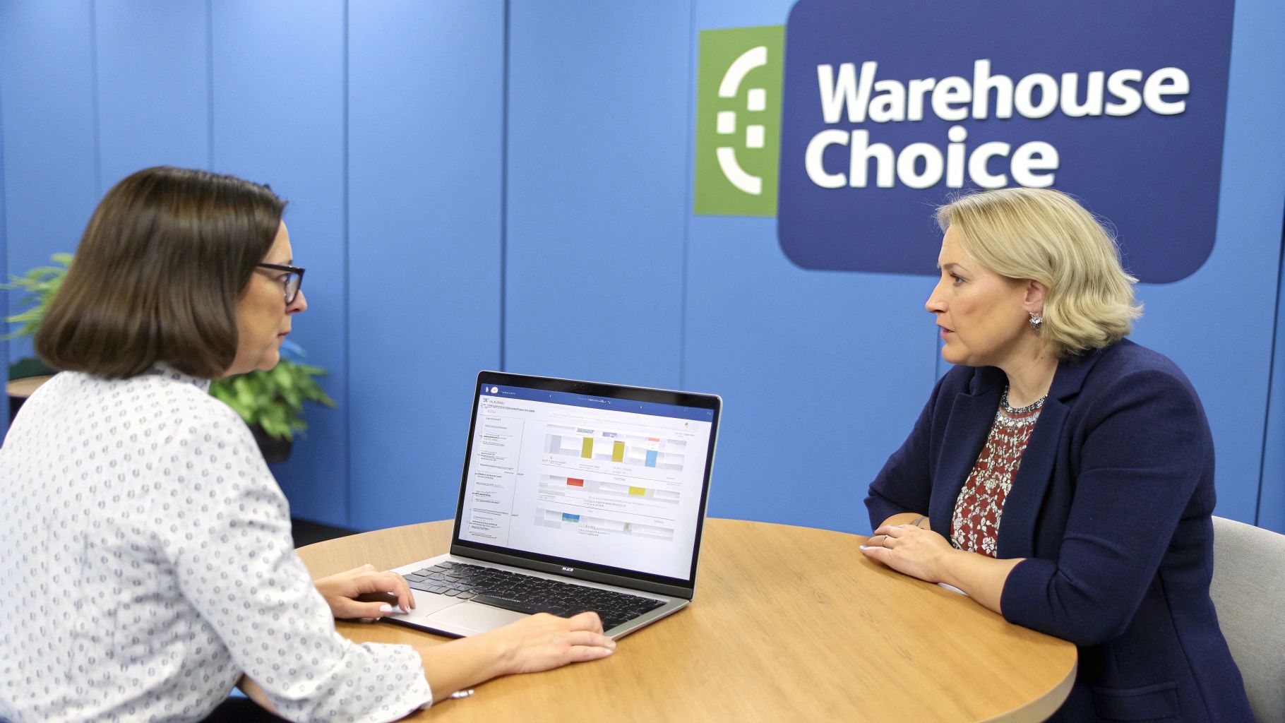 Two professional women discussing data warehouse analytics on laptop at Warehouse Choice office