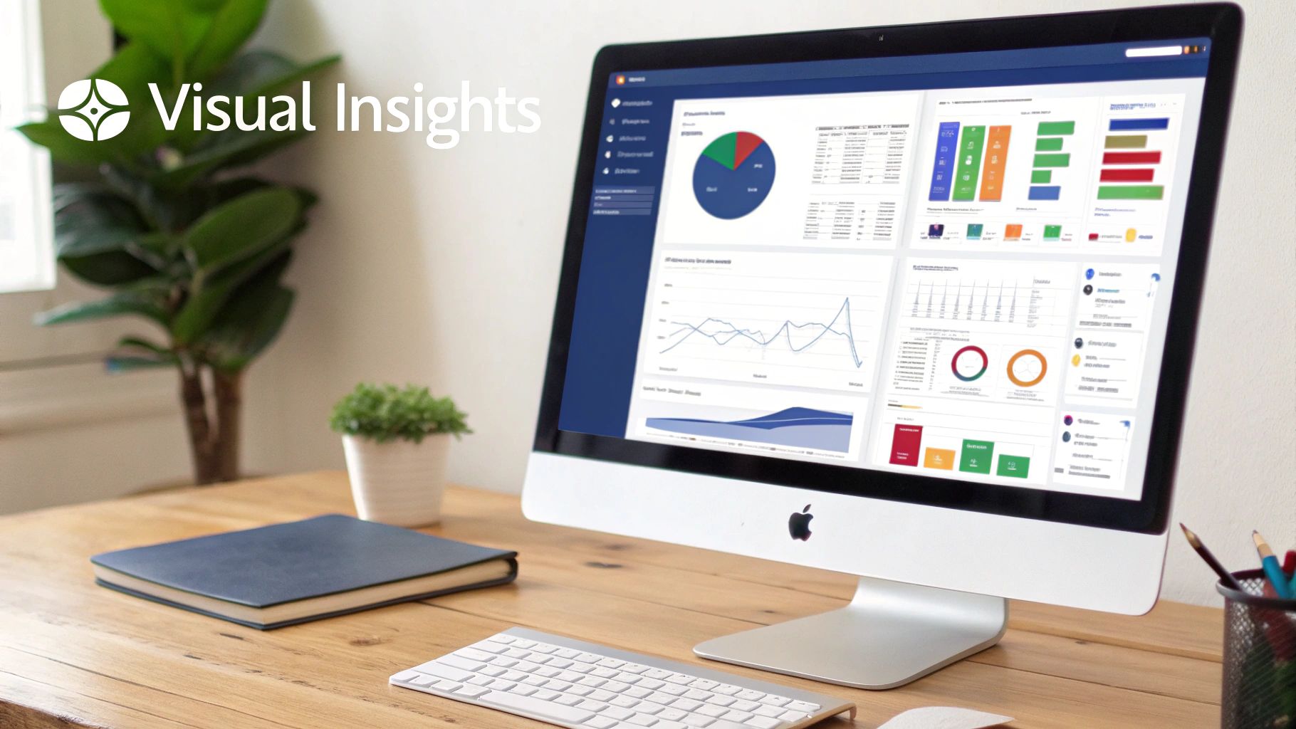 Modern office desk with a computer displaying business intelligence visuals and charts.